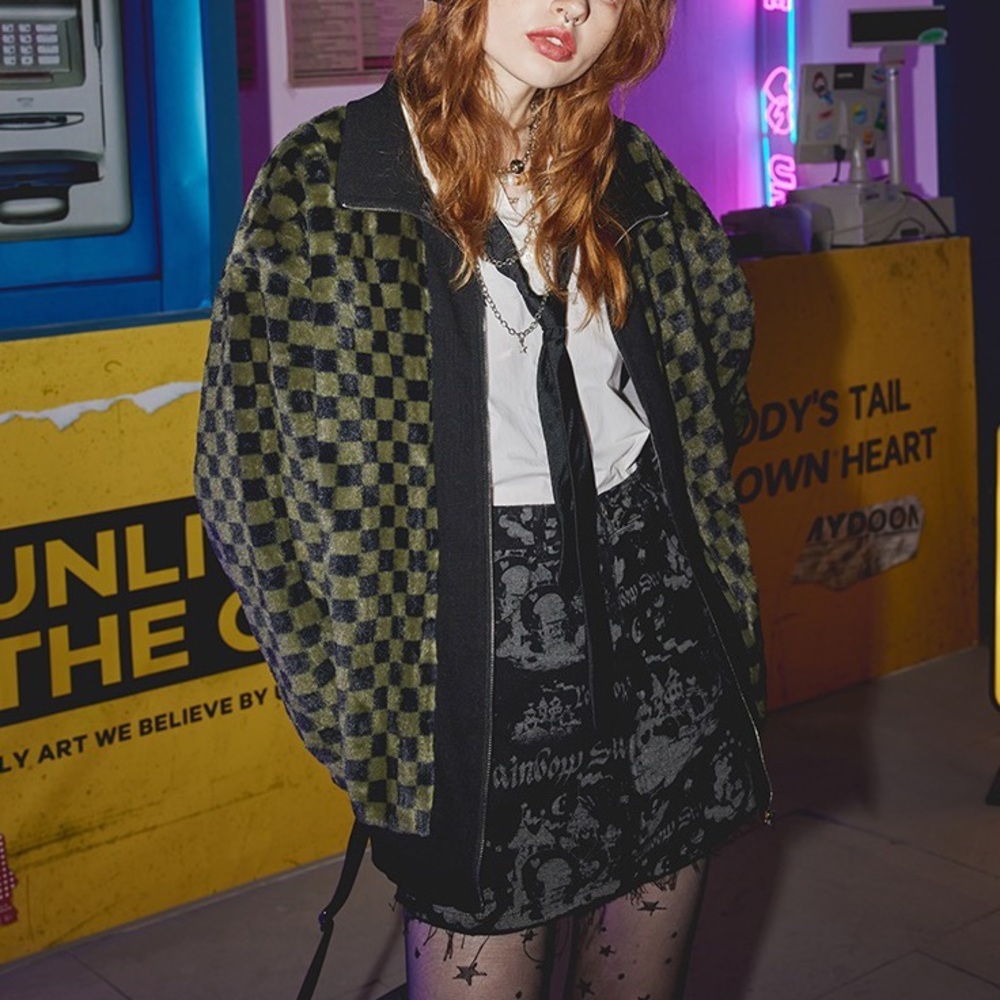 Green and black checkered fur jacket